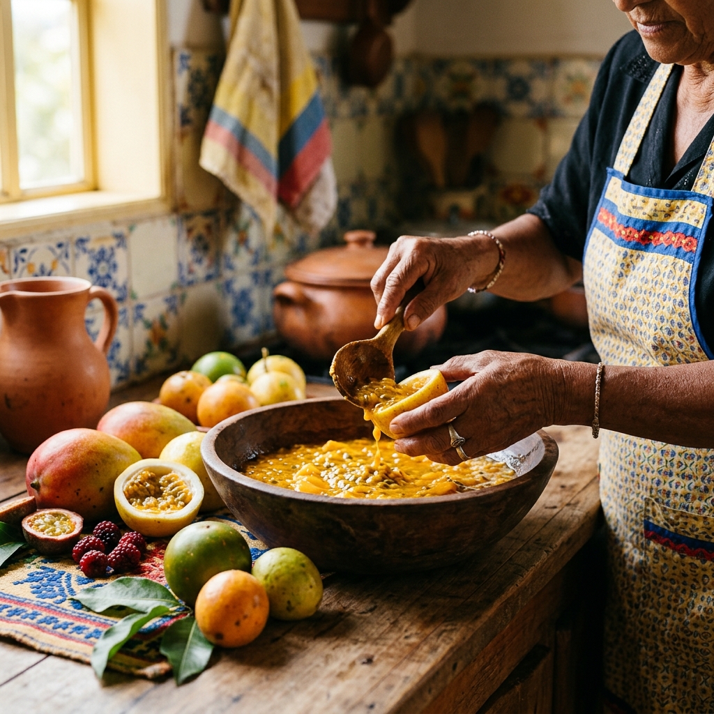 Abuela colombiana preparando pulpa de fruta artesanal