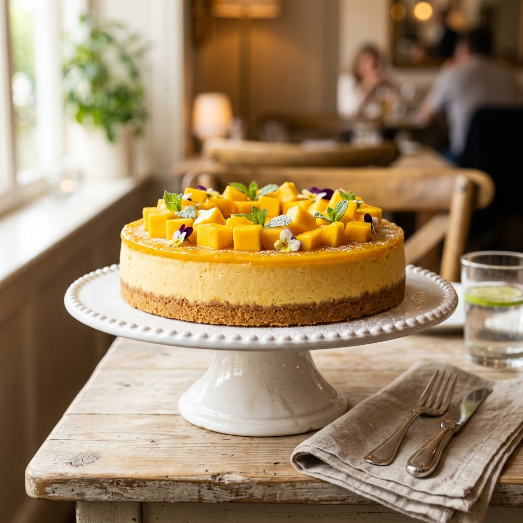Cheesecake cremoso de mango decorado con mango fresco y hierbabuena