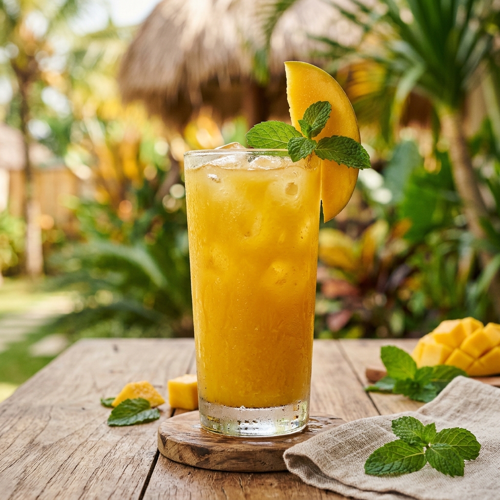 Vaso de jugo natural de mango con hielo y rodaja de mango