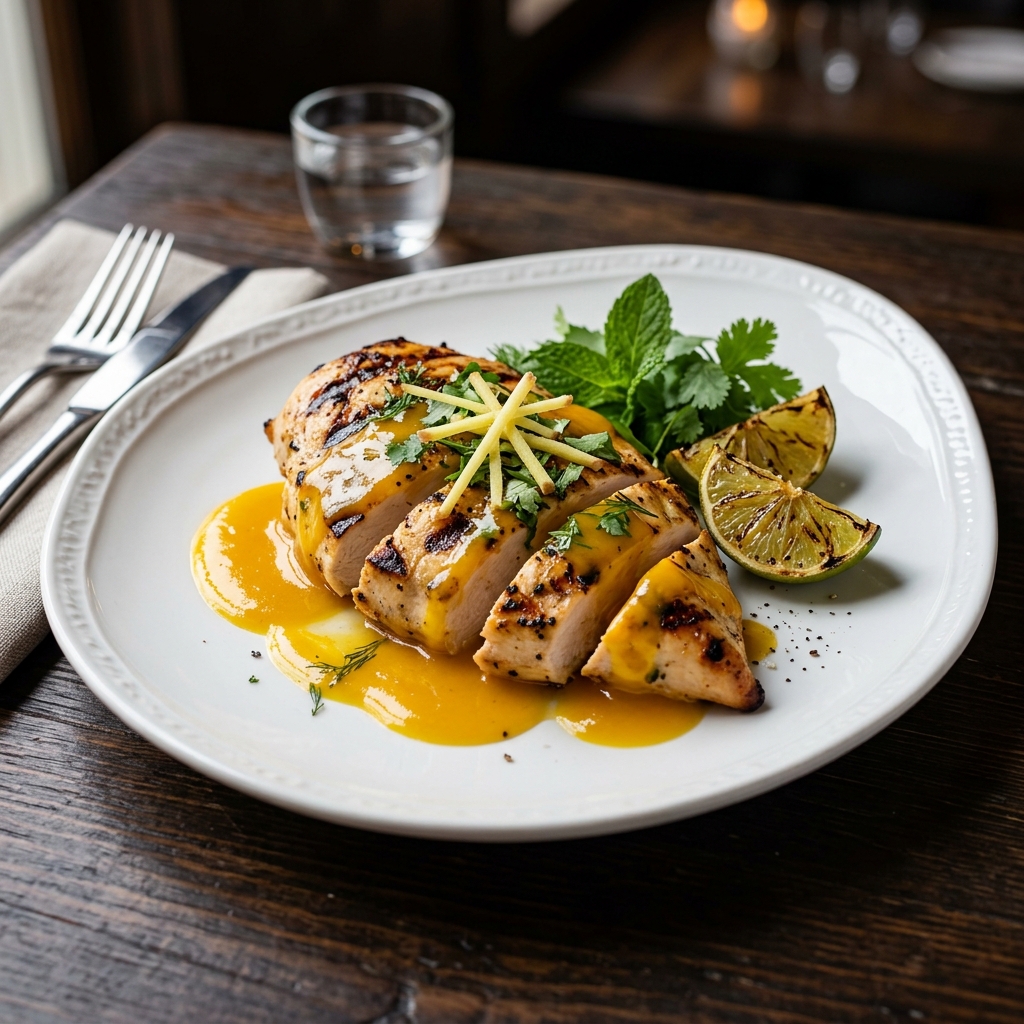 Pechuga de pollo a la plancha con salsa de mango dorada y hierbas
