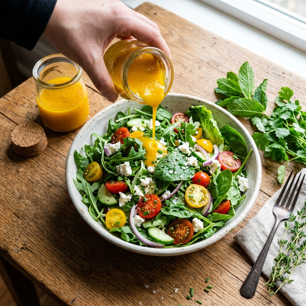 Vinagreta de mango dorada siendo vertida sobre ensalada verde fresca