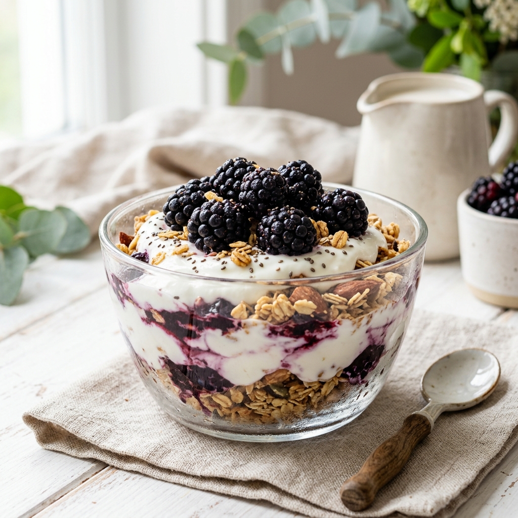 Yogur con mora y granola